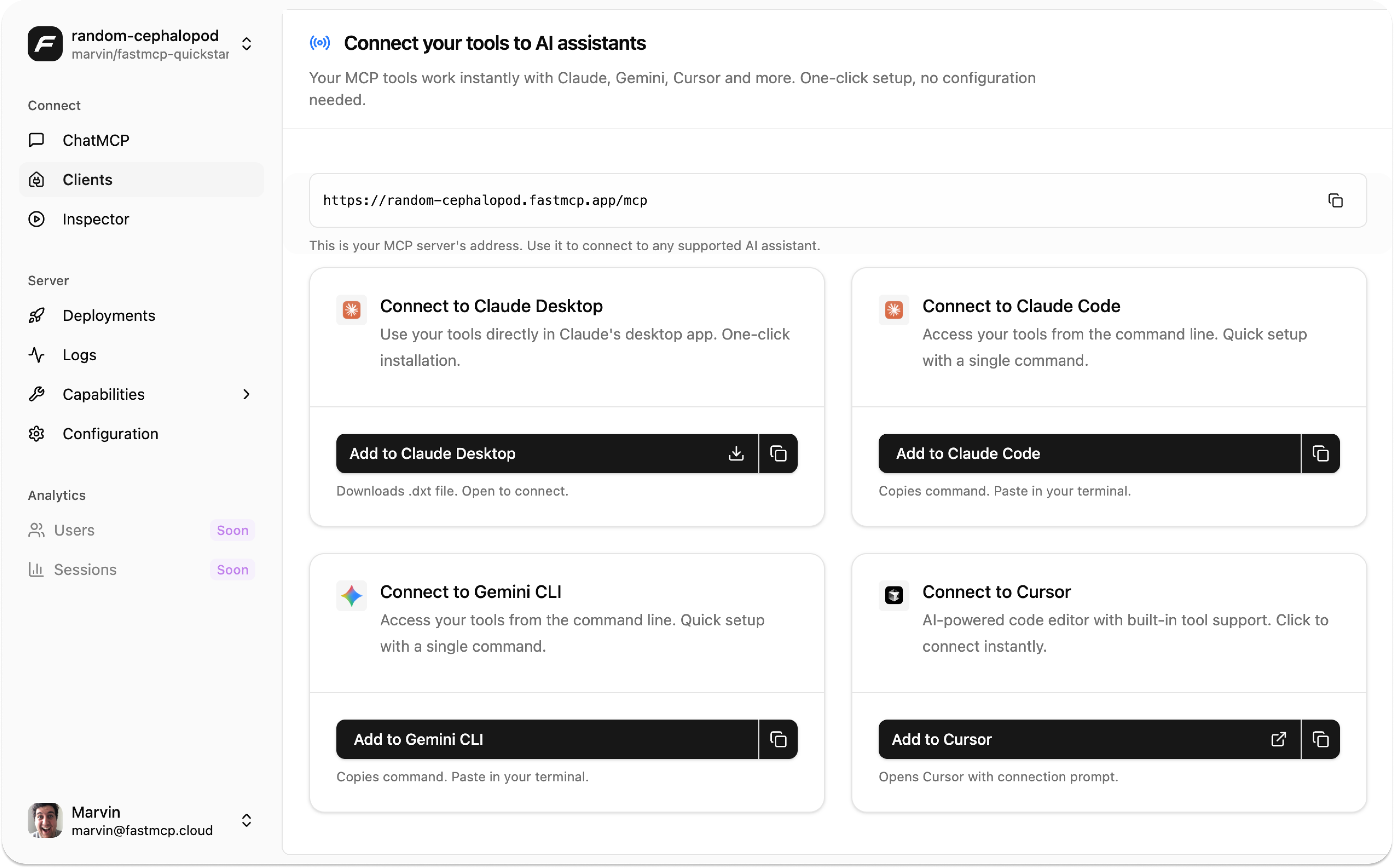 FastMCP client connection guides for Claude, Cursor, and other MCP clients