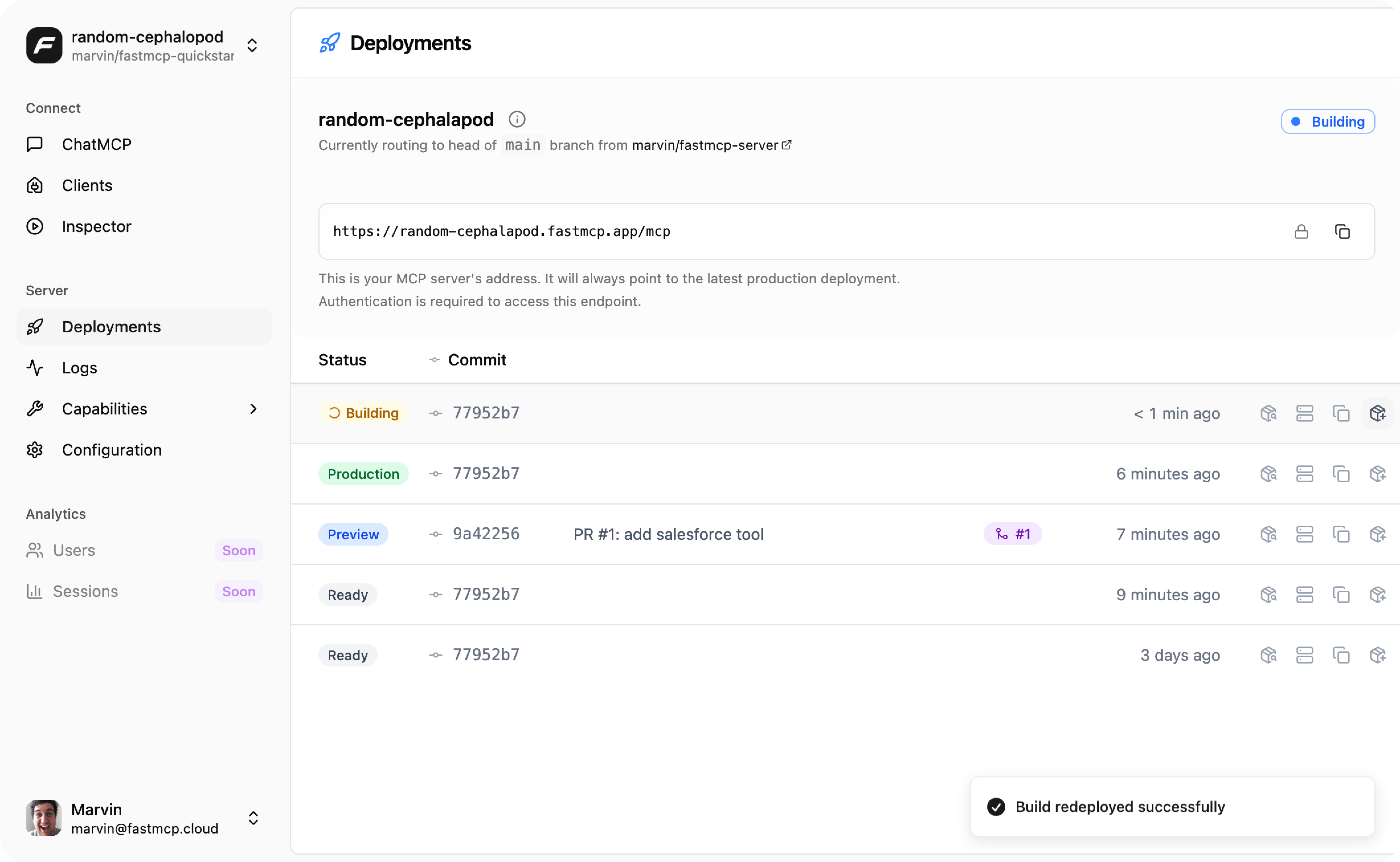 FastMCP Cloud dashboard screenshot